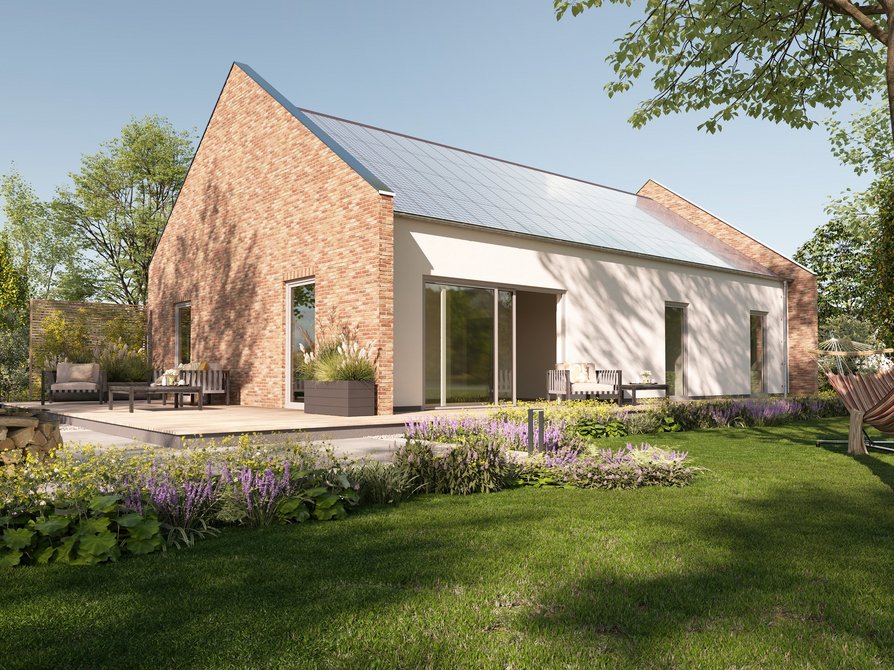 Bungalow 100 NOVO mit Klinkergiebel und Solardach – Energieeffizienz inklusive Massivhaus Bungalow 100 NOVO mit markanten Klinkergiebeln und vollintegrierter Photovoltaikanlage für nachhaltiges Wohnen im eigenen Garten